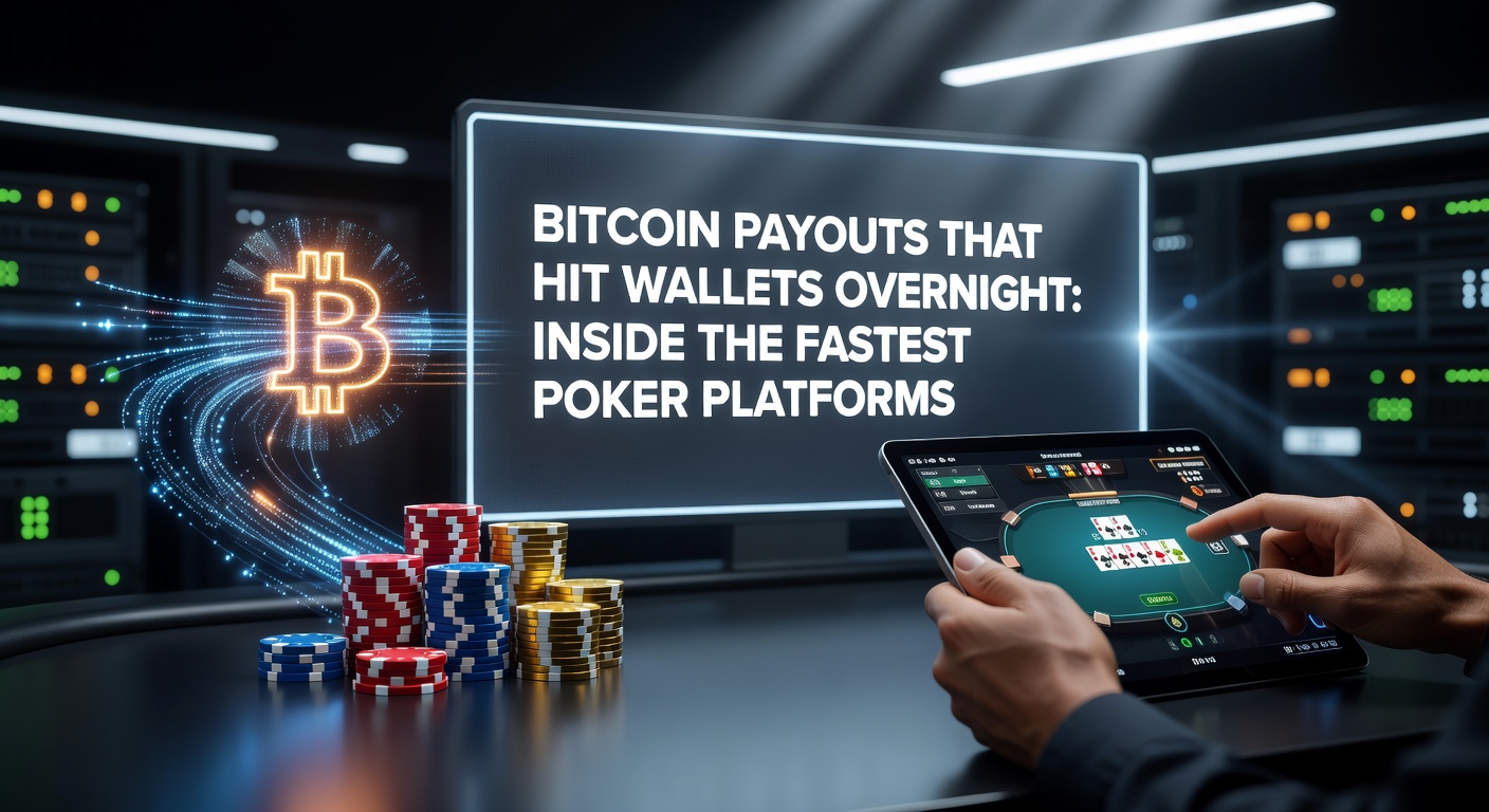 Digital visualization of a Bitcoin lightning bolt striking a poker chip stack, symbolizing rapid cryptocurrency payouts from online poker tables to secure wallets
