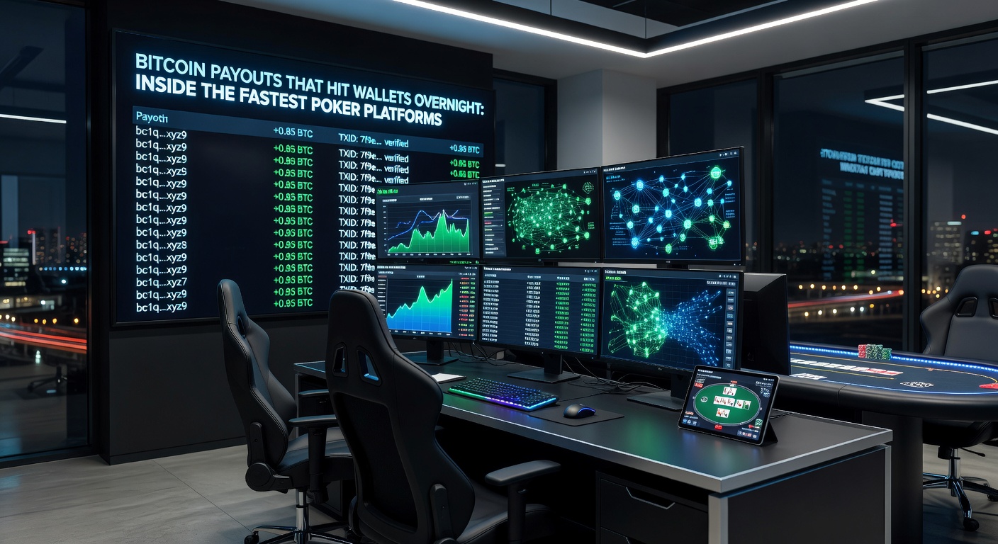 Close-up of a smartphone screen displaying a Bitcoin wallet receiving a poker payout notification, with glowing green confirmations and poker table in the background