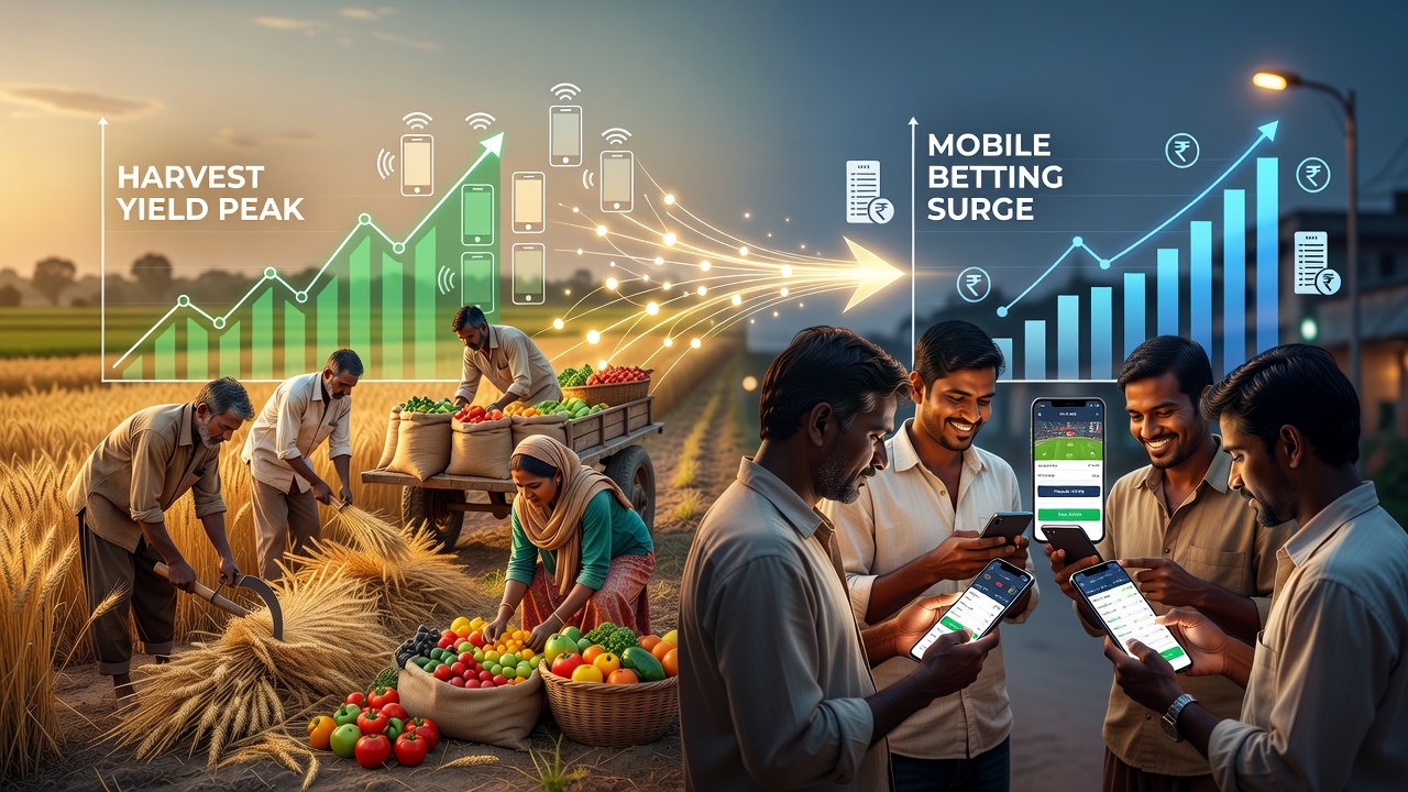 Farmers checking mobile devices near harvested fields during peak season