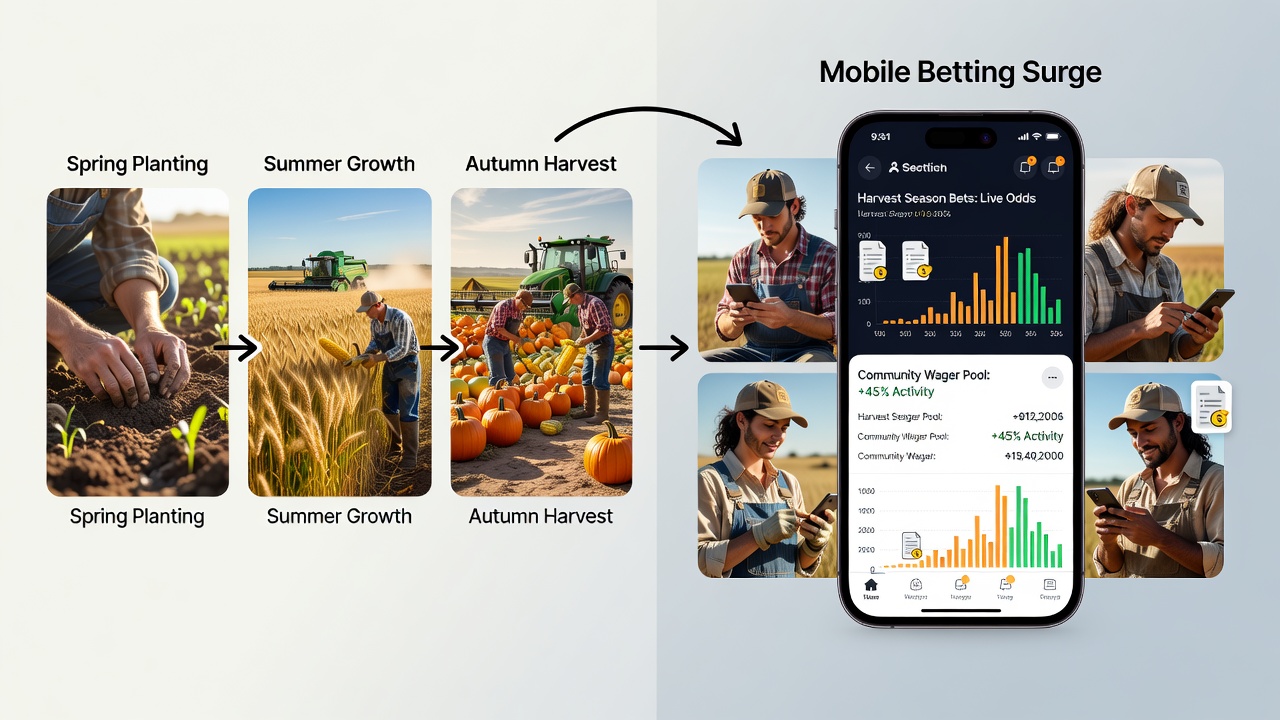 Rural market scene with farmers using smartphones after crop sales