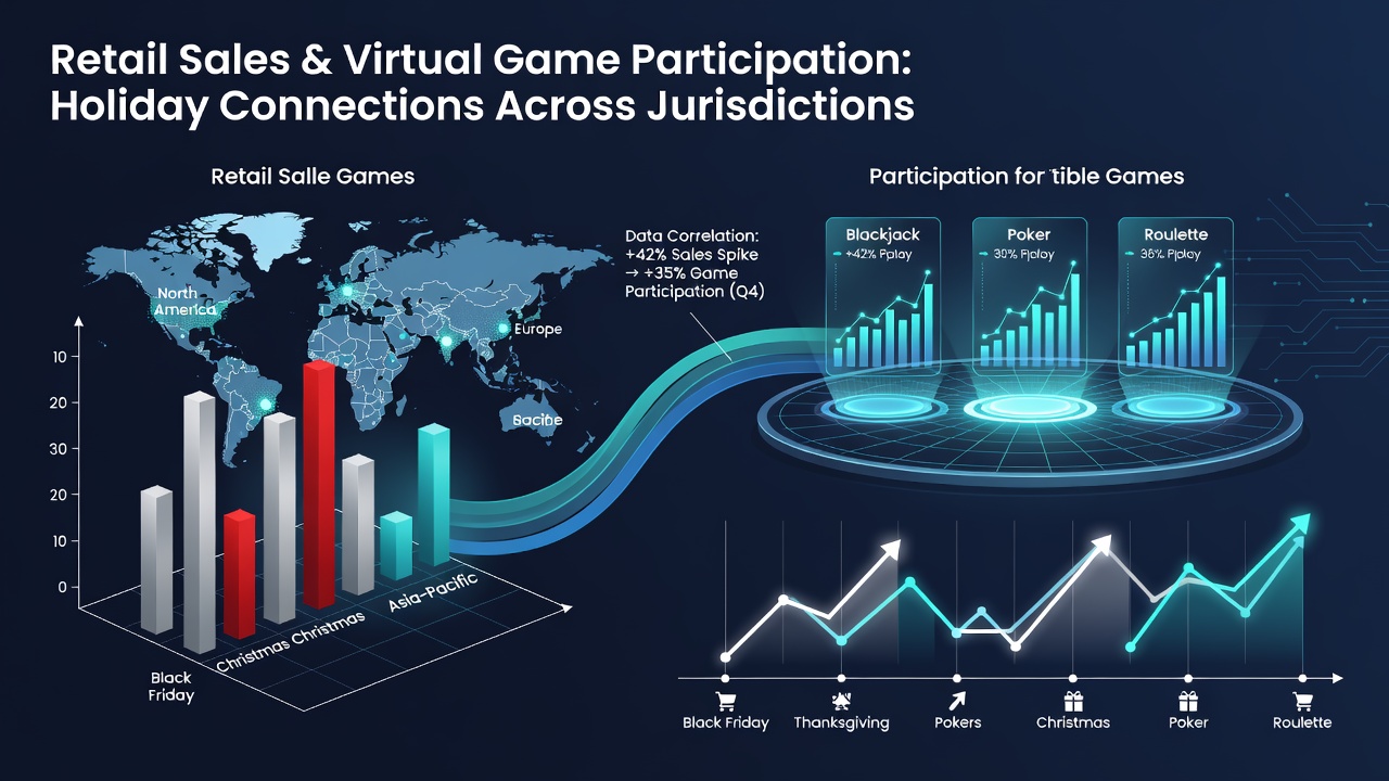 Retail sales data charts overlaid with virtual table game participation metrics from multiple jurisdictions during holiday seasons