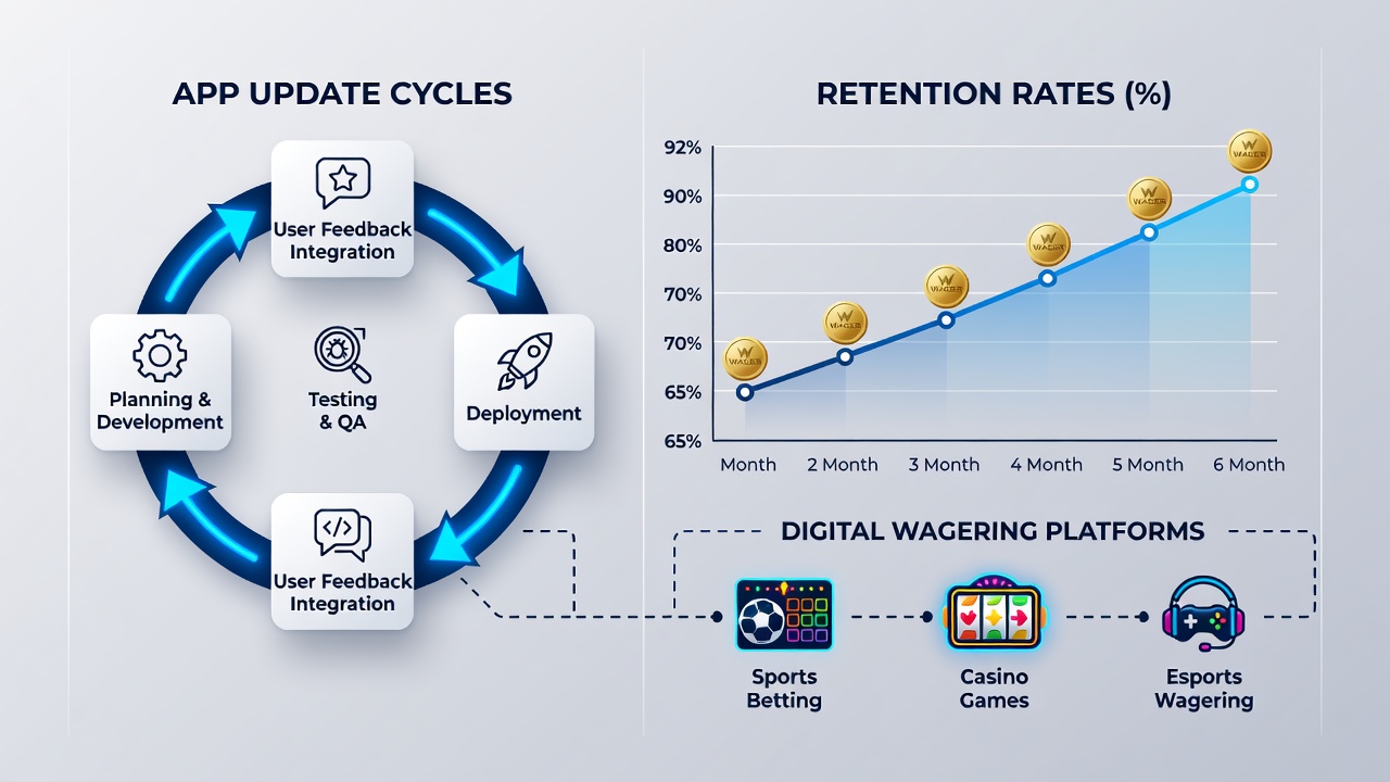 Analytics dashboard displaying retention graphs and update cycle timelines for wagering apps