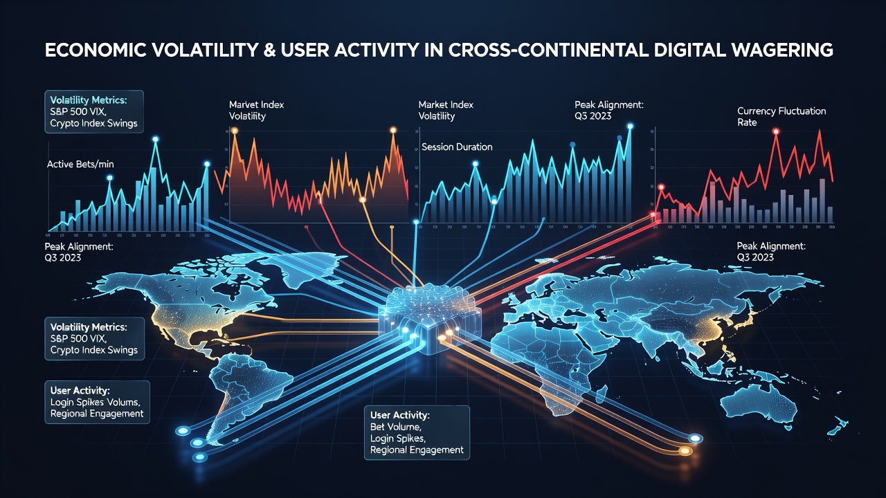 Chart displaying economic volatility indices alongside digital wagering activity trends across multiple continents