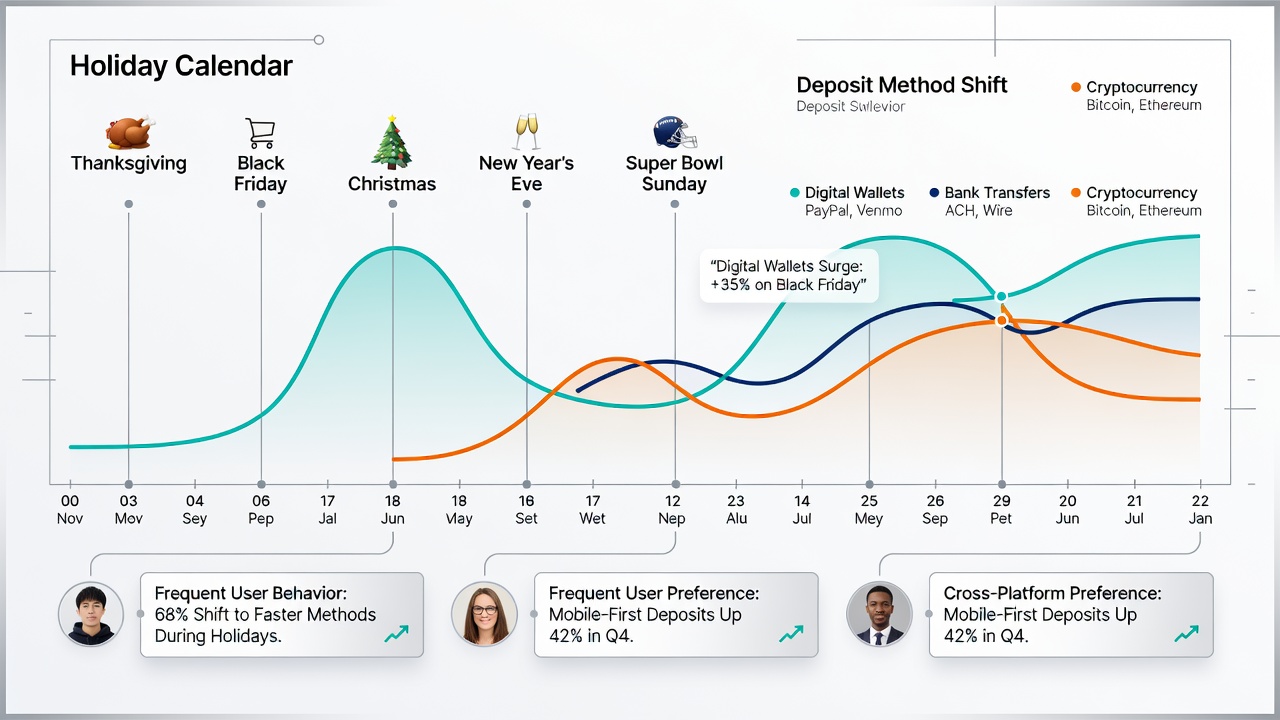 Holiday calendar overlay showing deposit method trends for sports wagering users