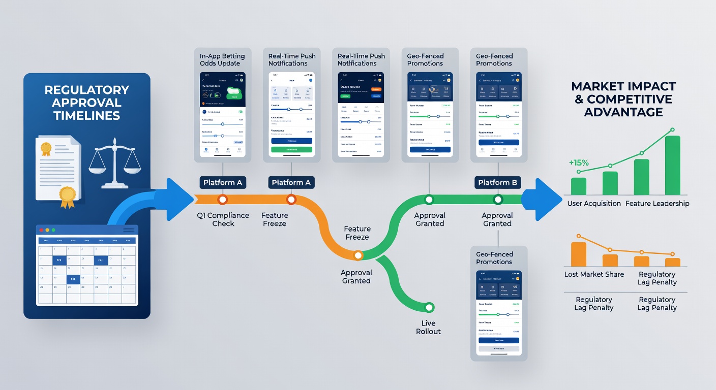 Regulatory documents and mobile device screens illustrating approval timelines for betting features