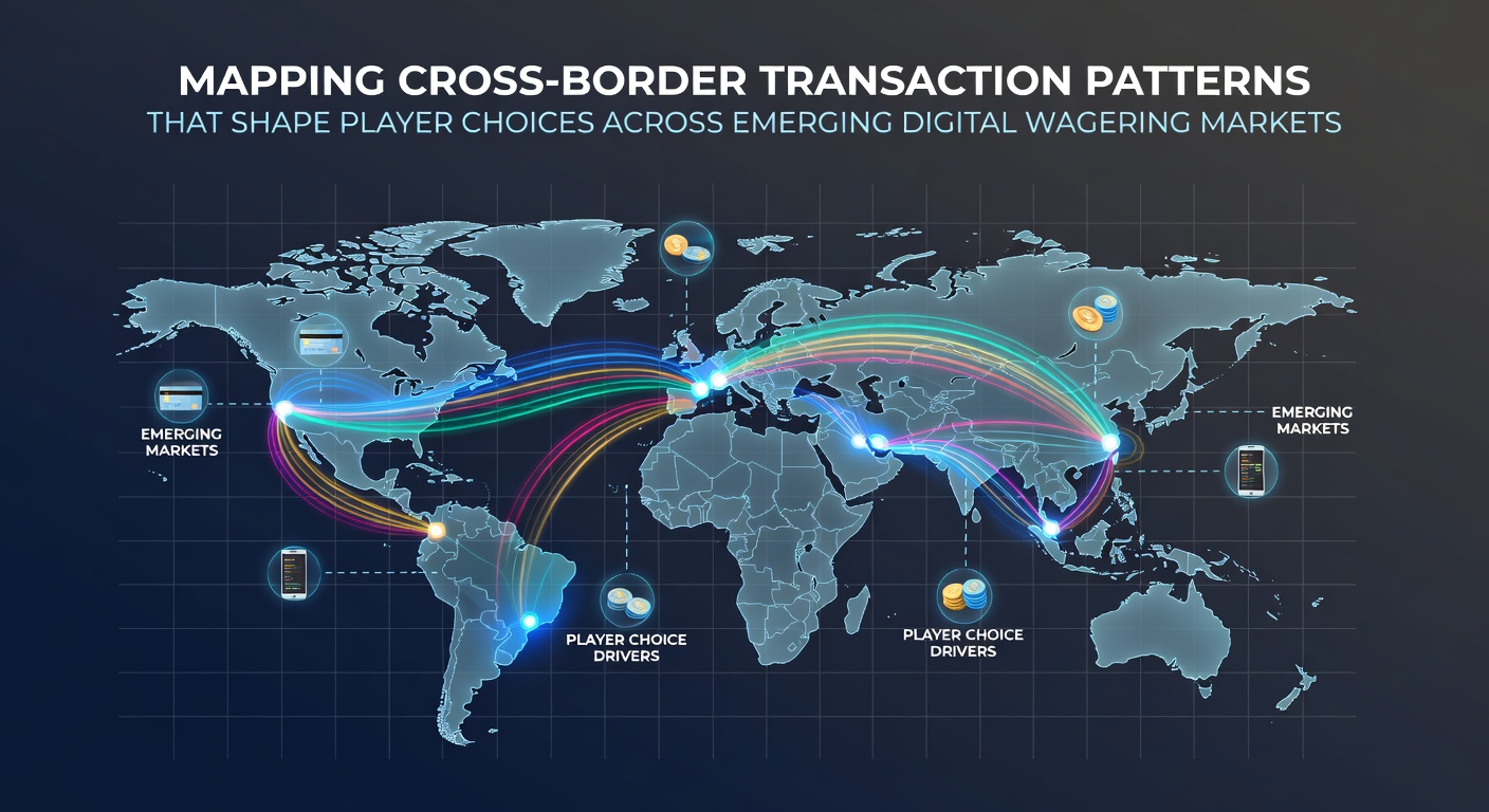 Digital map showing cross-border transaction flows in emerging wagering markets with data lines connecting regions like Latin America, Asia, and Africa