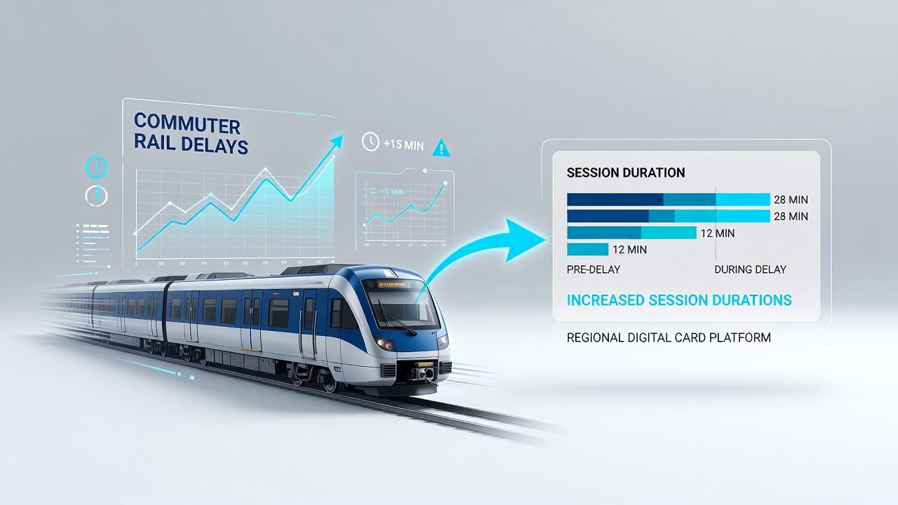 Commuter checking digital transit card app during a rail delay at a busy station platform