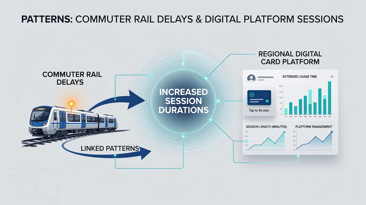 Close-up of a smartphone displaying a regional transit card app interface while passengers wait on a delayed train