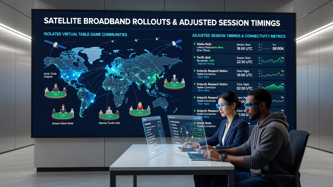 Satellite broadband infrastructure supporting remote virtual table game sessions in isolated regions