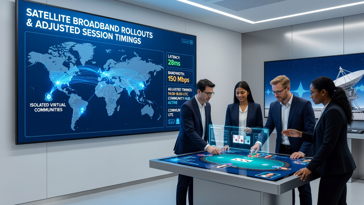 Players in remote locations coordinating adjusted session timings via satellite broadband connections