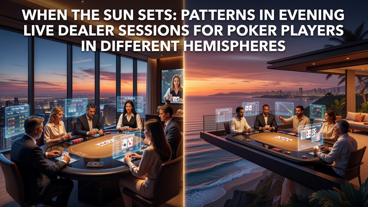 Global map showing sunset times and live dealer poker session peaks across northern and southern hemispheres