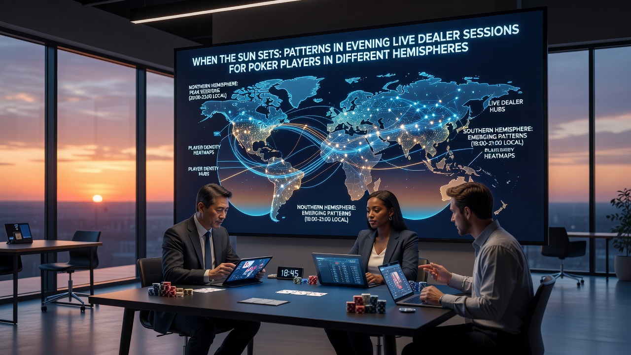 Live dealer poker studio with time zone overlay showing session timing differences between hemispheres
